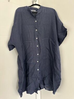Puro Lino 100% Linen Navy Casual Button-Down Shirt Dress